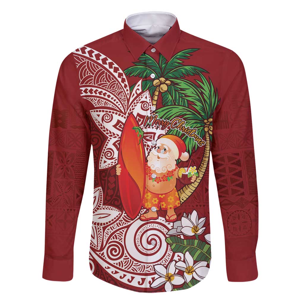 Polynesian Family Matching Off Shoulder Short Dress and Hawaiian Shirt Tropical Santa - Plumeria Red Vintage LT7 Dad's Shirt - Long Sleeve Red - Polynesian Pride