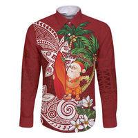 Polynesian Family Matching Off Shoulder Short Dress and Hawaiian Shirt Tropical Santa - Plumeria Red Vintage LT7 Dad's Shirt - Long Sleeve Red - Polynesian Pride