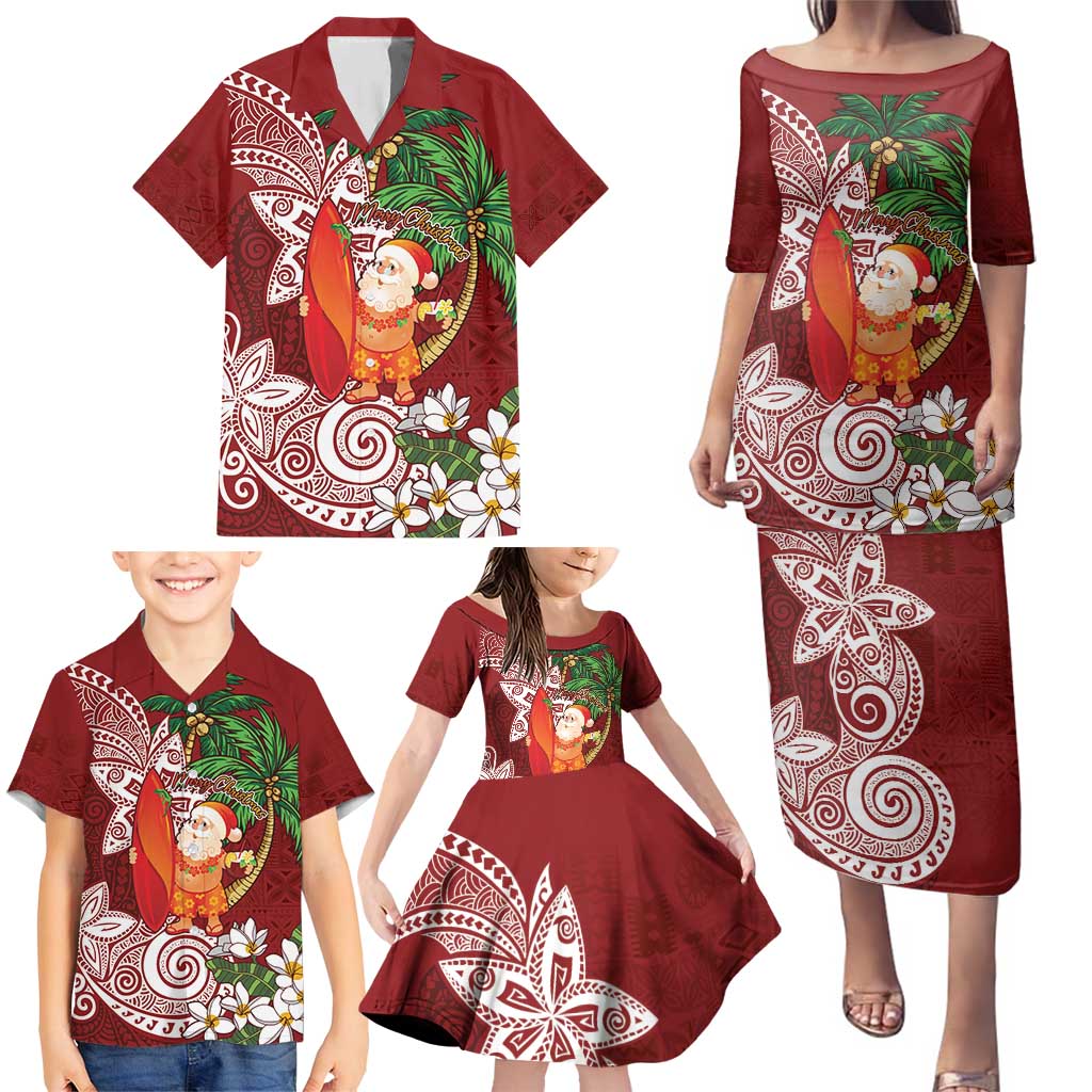 Polynesian Family Matching Puletasi and Hawaiian Shirt Tropical Santa - Plumeria Red Vintage LT7 - Polynesian Pride