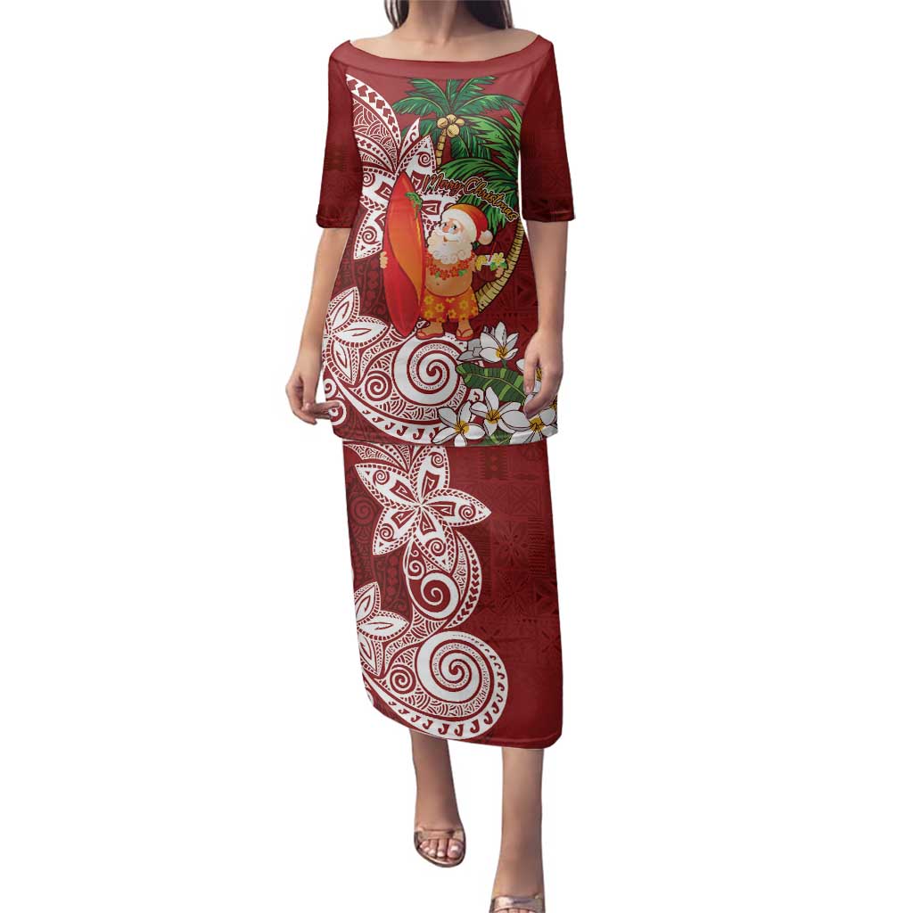 Polynesian Family Matching Puletasi and Hawaiian Shirt Tropical Santa - Plumeria Red Vintage LT7 Mom's Dress Red - Polynesian Pride