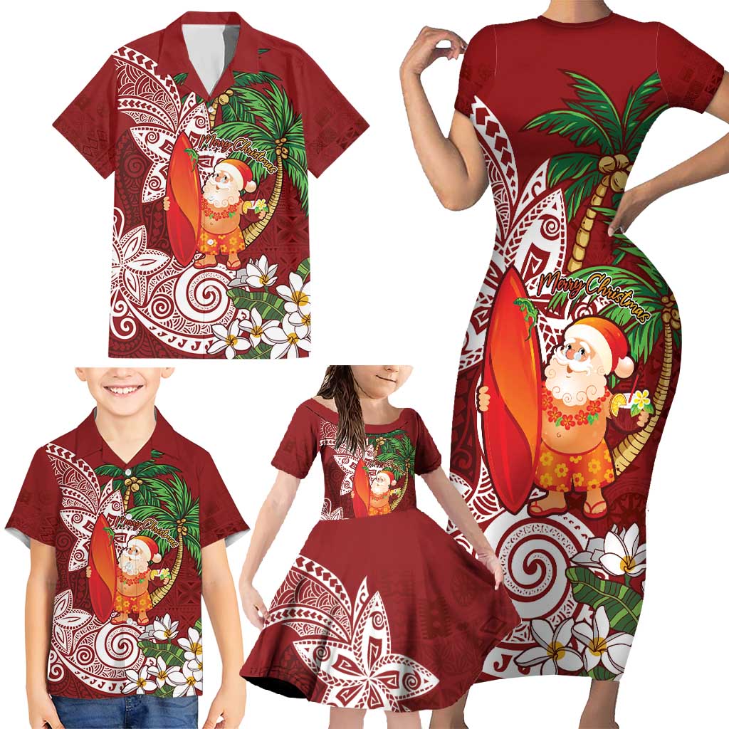 Polynesian Family Matching Short Sleeve Bodycon Dress and Hawaiian Shirt Tropical Santa - Plumeria Red Vintage LT7 - Polynesian Pride