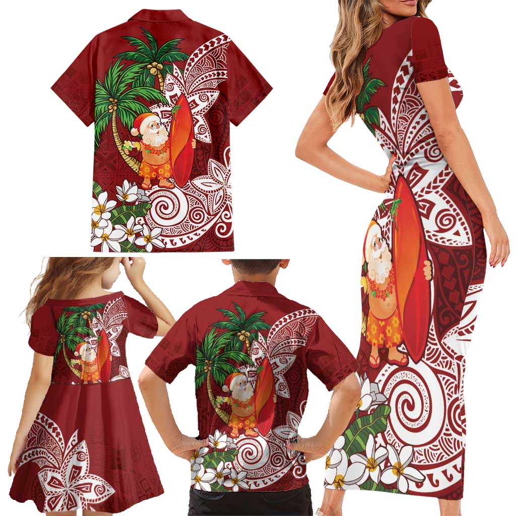 Polynesian Family Matching Short Sleeve Bodycon Dress and Hawaiian Shirt Tropical Santa - Plumeria Red Vintage LT7 - Polynesian Pride