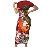 Polynesian Family Matching Short Sleeve Bodycon Dress and Hawaiian Shirt Tropical Santa - Plumeria Red Vintage LT7 Mom's Dress Red - Polynesian Pride