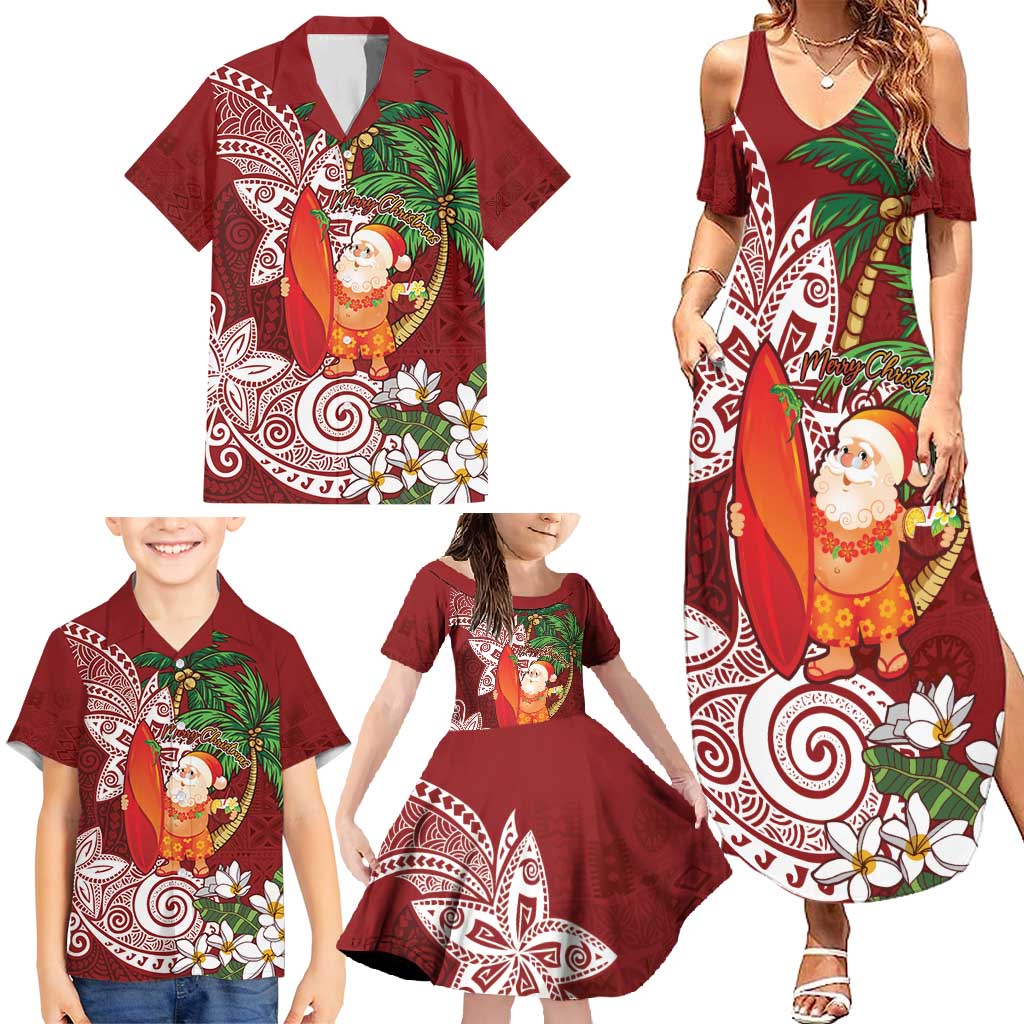 Polynesian Family Matching Summer Maxi Dress and Hawaiian Shirt Tropical Santa - Plumeria Red Vintage LT7 - Polynesian Pride