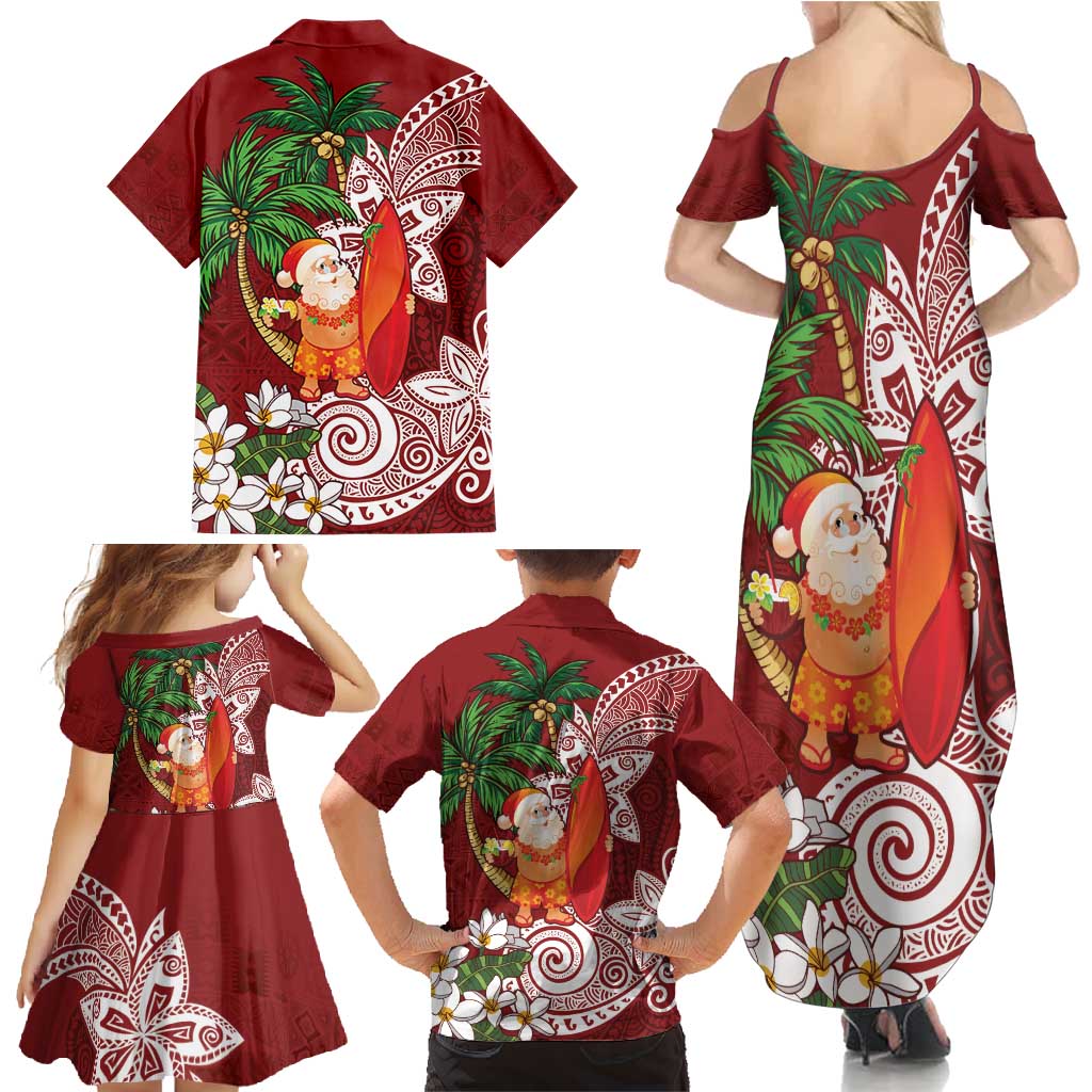Polynesian Family Matching Summer Maxi Dress and Hawaiian Shirt Tropical Santa - Plumeria Red Vintage LT7 - Polynesian Pride