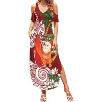 Polynesian Family Matching Summer Maxi Dress and Hawaiian Shirt Tropical Santa - Plumeria Red Vintage LT7 Mom's Dress Red - Polynesian Pride