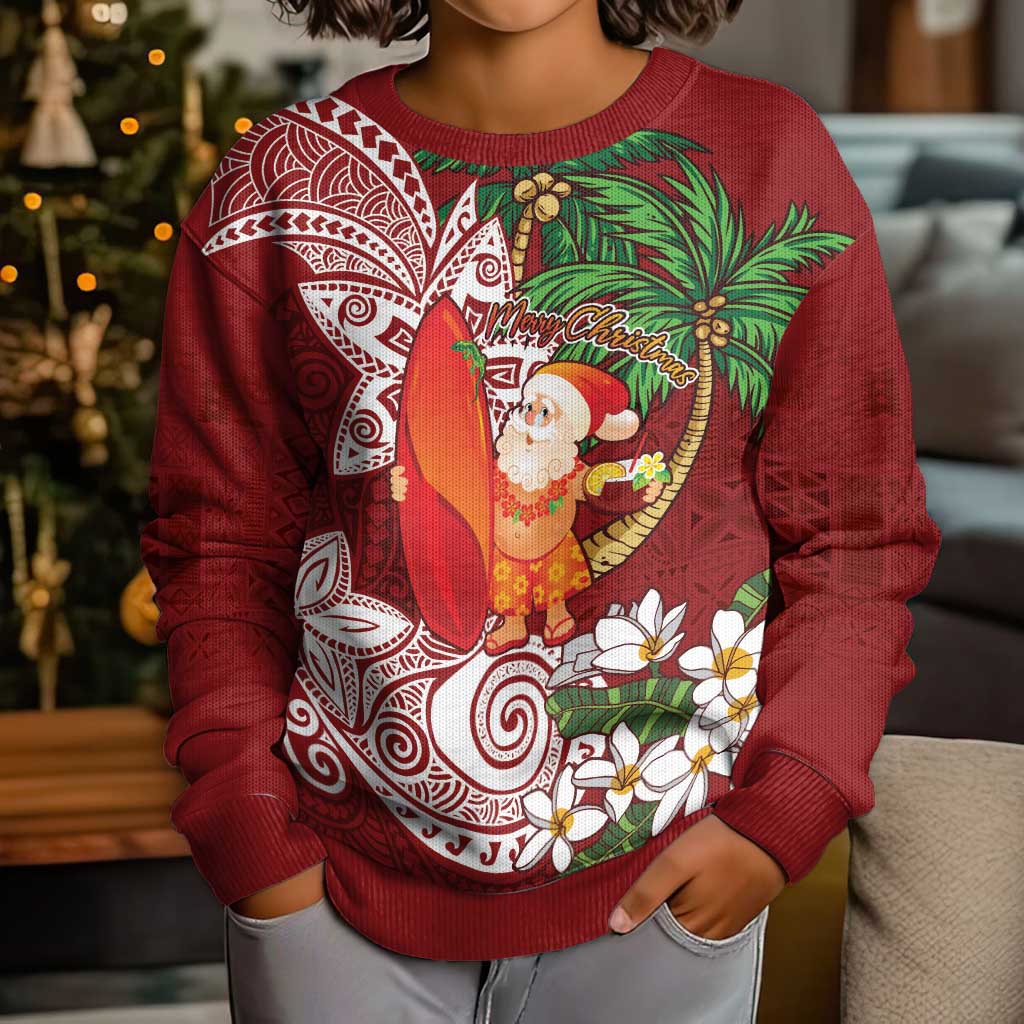 Polynesian Kid Ugly Christmas Sweater Tropical Santa - Plumeria Red Vintage