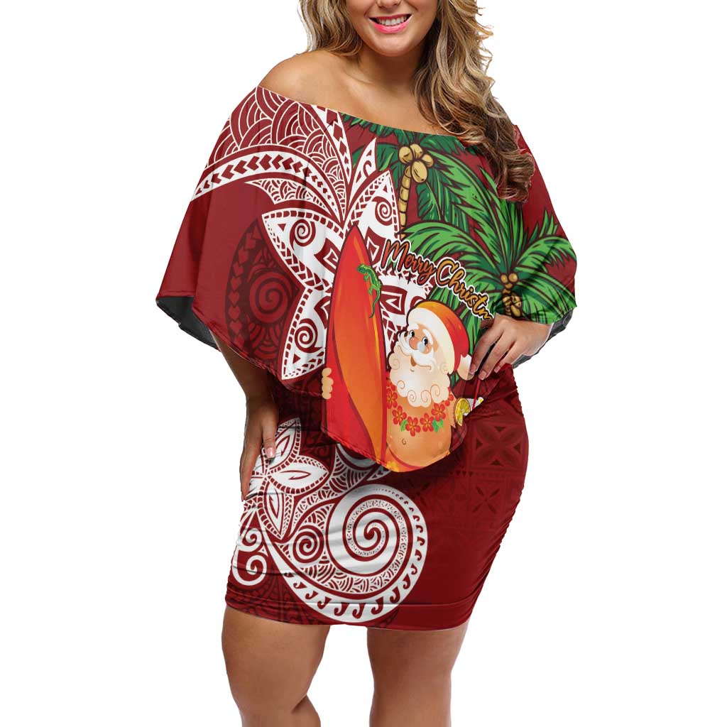 Polynesian Off Shoulder Short Dress Tropical Santa - Plumeria Red Vintage LT7 Women Red - Polynesian Pride