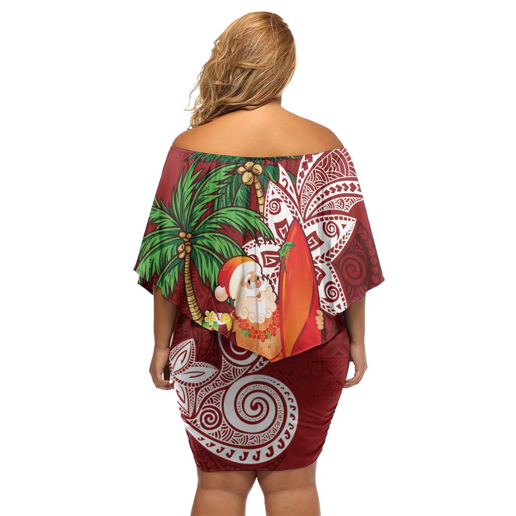 Polynesian Off Shoulder Short Dress Tropical Santa - Plumeria Red Vintage LT7 - Polynesian Pride