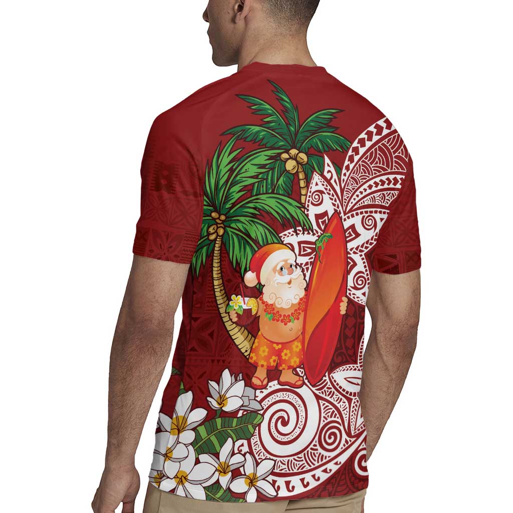Polynesian Rugby Jersey Tropical Santa - Plumeria Red Vintage