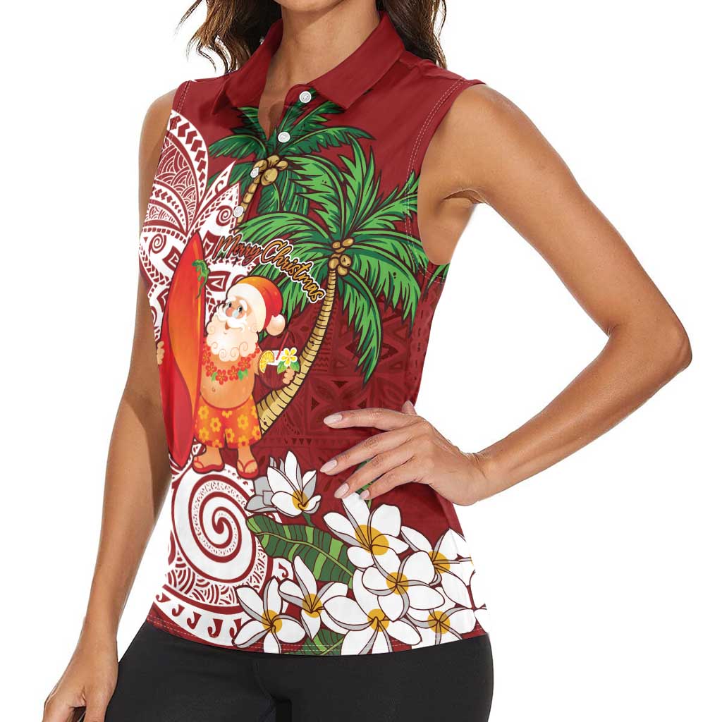 Polynesian Women Sleeveless Polo Shirt Tropical Santa - Plumeria Red Vintage LT7 - Polynesian Pride