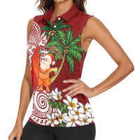 Polynesian Women Sleeveless Polo Shirt Tropical Santa - Plumeria Red Vintage LT7 - Polynesian Pride