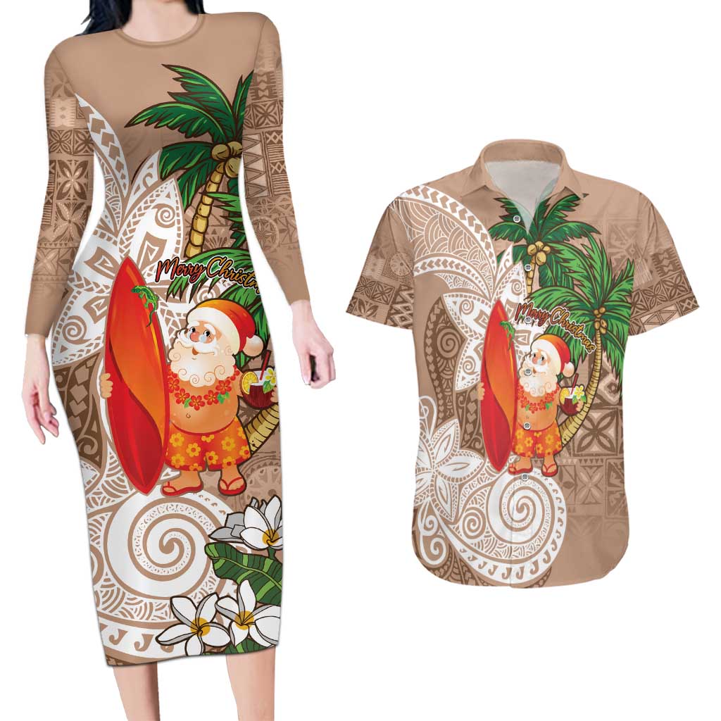 Polynesian Couples Matching Long Sleeve Bodycon Dress and Hawaiian Shirt Tropical Santa - Plumeria Beige Vintage LT7 Beige - Polynesian Pride