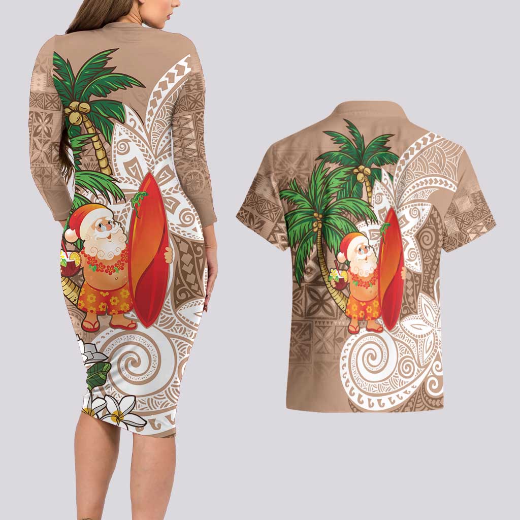 Polynesian Couples Matching Long Sleeve Bodycon Dress and Hawaiian Shirt Tropical Santa - Plumeria Beige Vintage LT7 - Polynesian Pride
