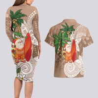 Polynesian Couples Matching Long Sleeve Bodycon Dress and Hawaiian Shirt Tropical Santa - Plumeria Beige Vintage LT7 - Polynesian Pride