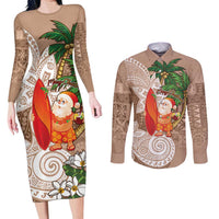 Polynesian Couples Matching Long Sleeve Bodycon Dress and Long Sleeve Button Shirt Tropical Santa - Plumeria Beige Vintage LT7 Beige - Polynesian Pride