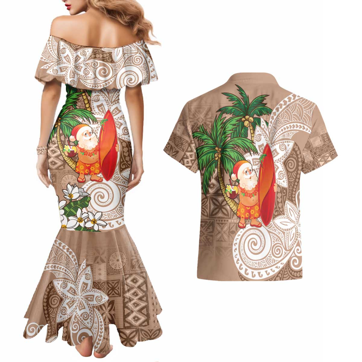 Polynesian Couples Matching Mermaid Dress and Hawaiian Shirt Tropical Santa - Plumeria Beige Vintage LT7 - Polynesian Pride
