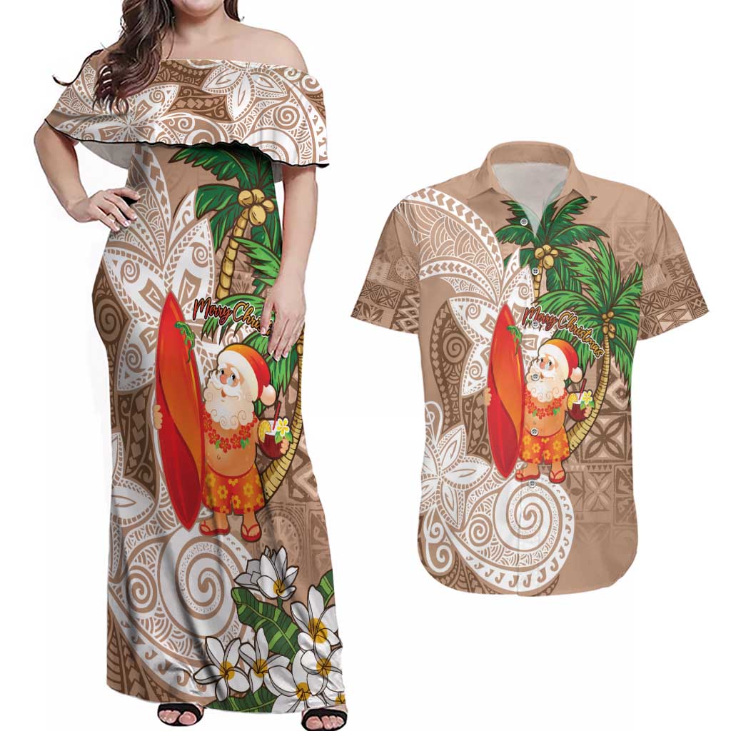 Polynesian Couples Matching Off Shoulder Maxi Dress and Hawaiian Shirt Tropical Santa - Plumeria Beige Vintage LT7 Beige - Polynesian Pride