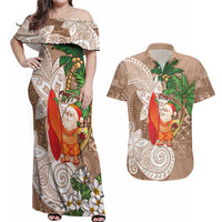 Polynesian Couples Matching Off Shoulder Maxi Dress and Hawaiian Shirt Tropical Santa - Plumeria Beige Vintage LT7 Beige - Polynesian Pride
