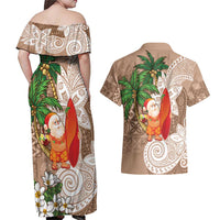 Polynesian Couples Matching Off Shoulder Maxi Dress and Hawaiian Shirt Tropical Santa - Plumeria Beige Vintage LT7 - Polynesian Pride