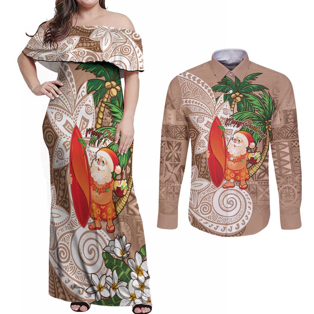 Polynesian Couples Matching Off Shoulder Maxi Dress and Long Sleeve Button Shirt Tropical Santa - Plumeria Beige Vintage LT7 Beige - Polynesian Pride