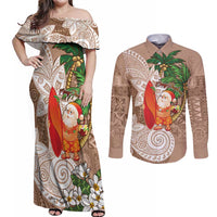 Polynesian Couples Matching Off Shoulder Maxi Dress and Long Sleeve Button Shirt Tropical Santa - Plumeria Beige Vintage LT7 Beige - Polynesian Pride