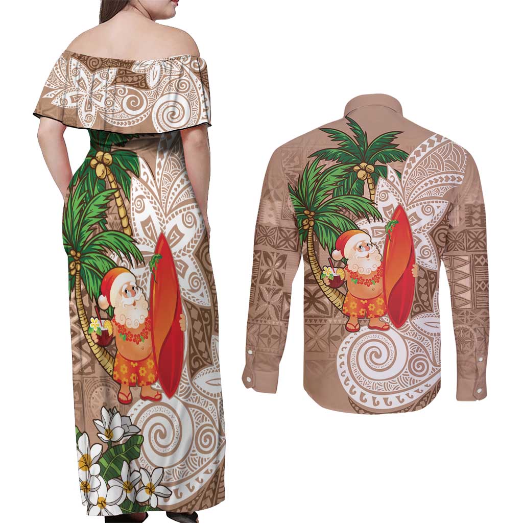 Polynesian Couples Matching Off Shoulder Maxi Dress and Long Sleeve Button Shirt Tropical Santa - Plumeria Beige Vintage LT7 - Polynesian Pride