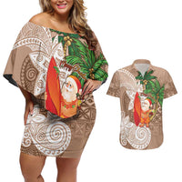 Polynesian Couples Matching Off Shoulder Short Dress and Hawaiian Shirt Tropical Santa - Plumeria Beige Vintage LT7 Beige - Polynesian Pride
