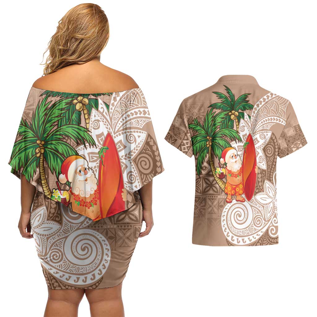 Polynesian Couples Matching Off Shoulder Short Dress and Hawaiian Shirt Tropical Santa - Plumeria Beige Vintage LT7 - Polynesian Pride