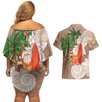 Polynesian Couples Matching Off Shoulder Short Dress and Hawaiian Shirt Tropical Santa - Plumeria Beige Vintage LT7 - Polynesian Pride