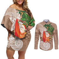 Polynesian Couples Matching Off Shoulder Short Dress and Long Sleeve Button Shirt Tropical Santa - Plumeria Beige Vintage LT7 Beige - Polynesian Pride
