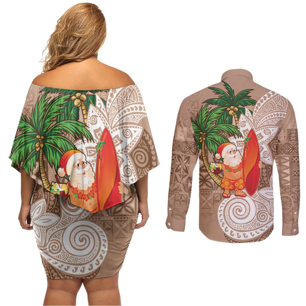Polynesian Couples Matching Off Shoulder Short Dress and Long Sleeve Button Shirt Tropical Santa - Plumeria Beige Vintage LT7 - Polynesian Pride