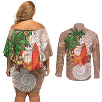 Polynesian Couples Matching Off Shoulder Short Dress and Long Sleeve Button Shirt Tropical Santa - Plumeria Beige Vintage LT7 - Polynesian Pride