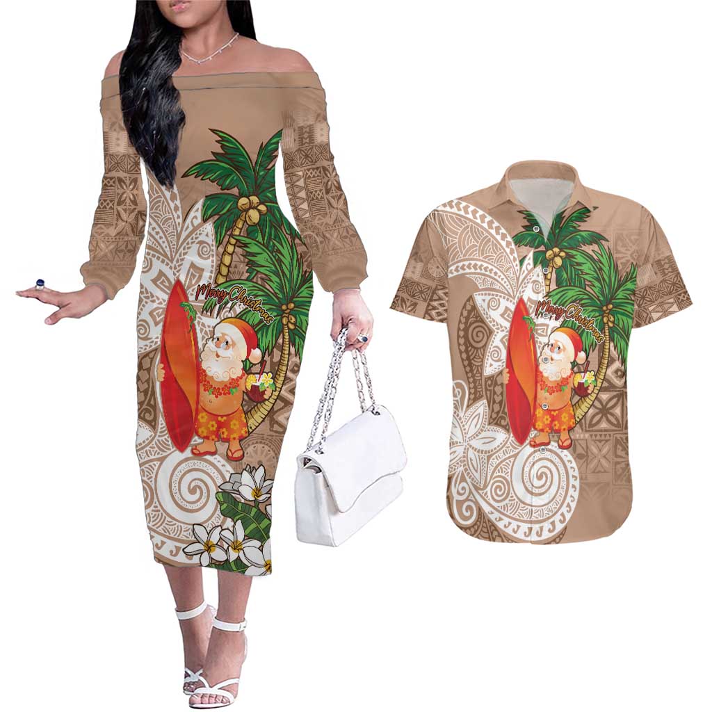 Polynesian Couples Matching Off The Shoulder Long Sleeve Dress and Hawaiian Shirt Tropical Santa - Plumeria Beige Vintage LT7 Beige - Polynesian Pride