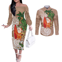 Polynesian Couples Matching Off The Shoulder Long Sleeve Dress and Long Sleeve Button Shirt Tropical Santa - Plumeria Beige Vintage LT7 Beige - Polynesian Pride
