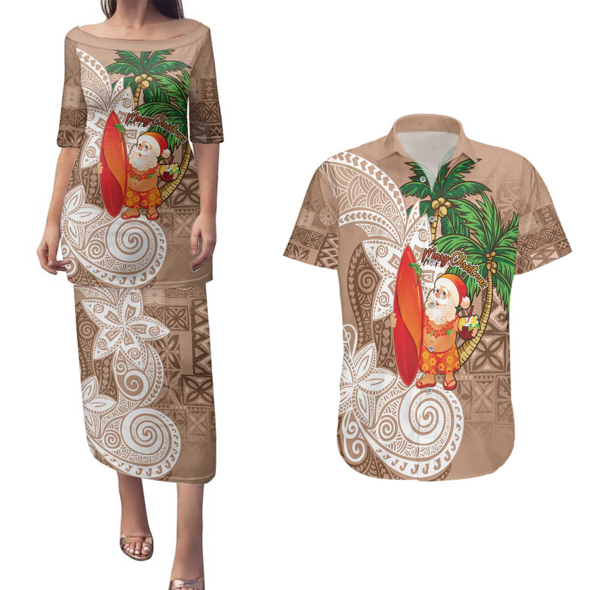 Polynesian Couples Matching Puletasi and Hawaiian Shirt Tropical Santa - Plumeria Beige Vintage LT7 Beige - Polynesian Pride