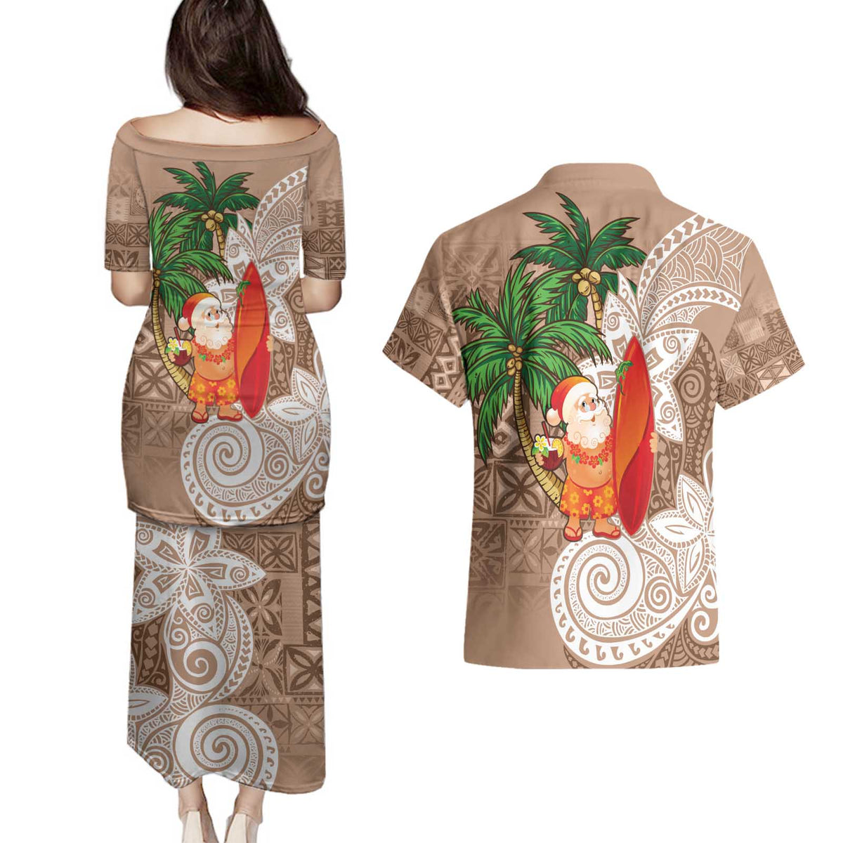 Polynesian Couples Matching Puletasi and Hawaiian Shirt Tropical Santa - Plumeria Beige Vintage LT7 - Polynesian Pride