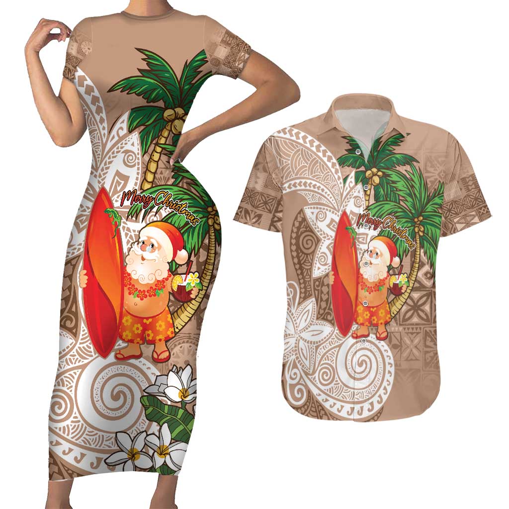Polynesian Couples Matching Short Sleeve Bodycon Dress and Hawaiian Shirt Tropical Santa - Plumeria Beige Vintage LT7 Beige - Polynesian Pride