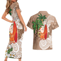 Polynesian Couples Matching Short Sleeve Bodycon Dress and Hawaiian Shirt Tropical Santa - Plumeria Beige Vintage LT7 - Polynesian Pride