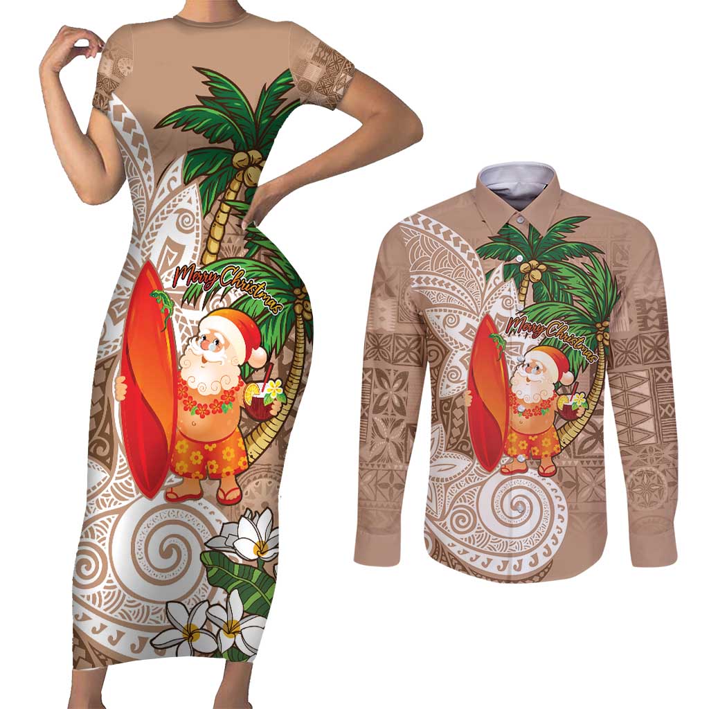 Polynesian Couples Matching Short Sleeve Bodycon Dress and Long Sleeve Button Shirt Tropical Santa - Plumeria Beige Vintage LT7 Beige - Polynesian Pride