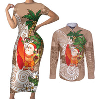 Polynesian Couples Matching Short Sleeve Bodycon Dress and Long Sleeve Button Shirt Tropical Santa - Plumeria Beige Vintage LT7 Beige - Polynesian Pride