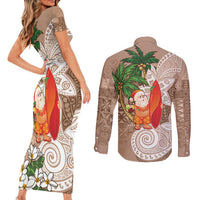 Polynesian Couples Matching Short Sleeve Bodycon Dress and Long Sleeve Button Shirt Tropical Santa - Plumeria Beige Vintage LT7 - Polynesian Pride