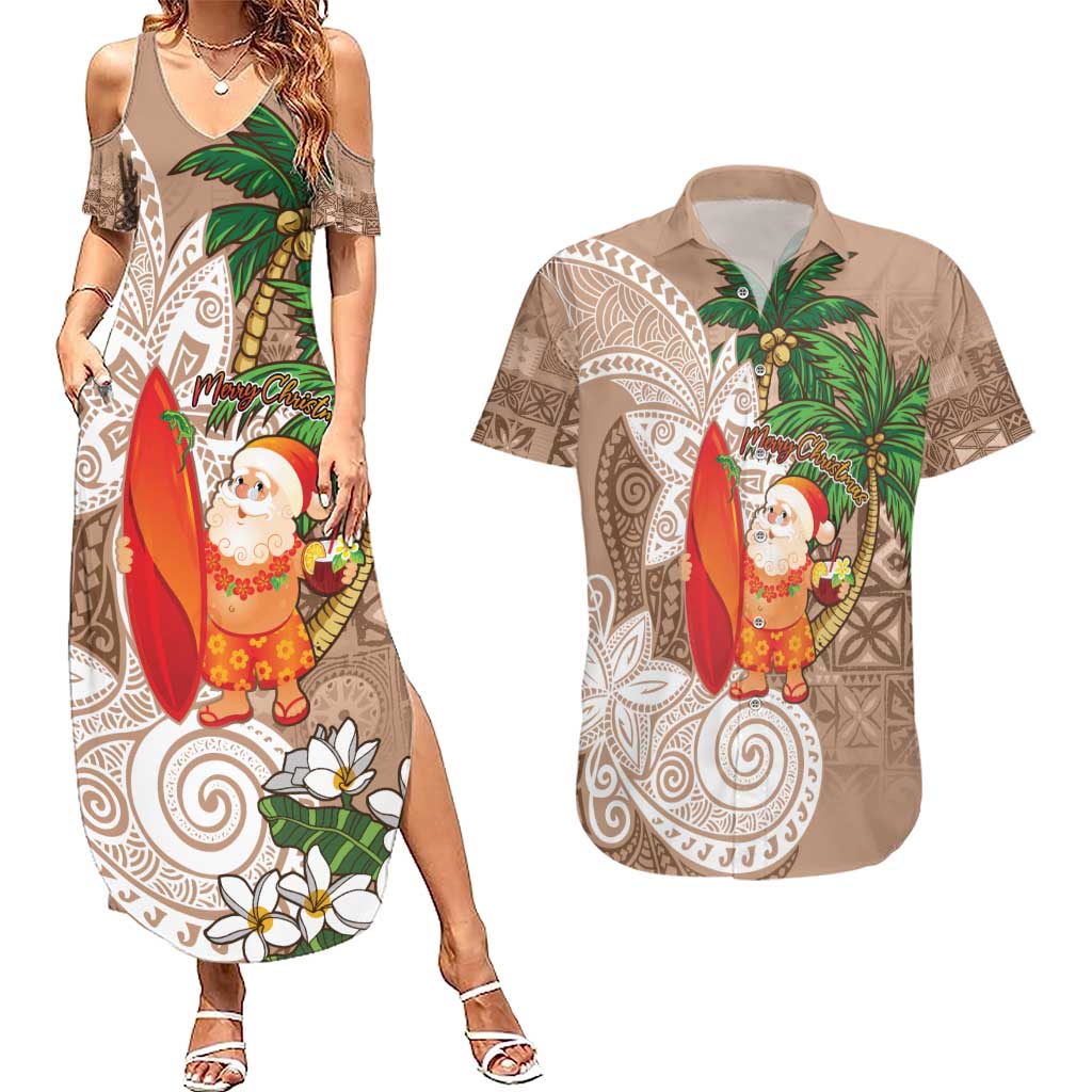 Polynesian Couples Matching Summer Maxi Dress and Hawaiian Shirt Tropical Santa - Plumeria Beige Vintage LT7 Beige - Polynesian Pride