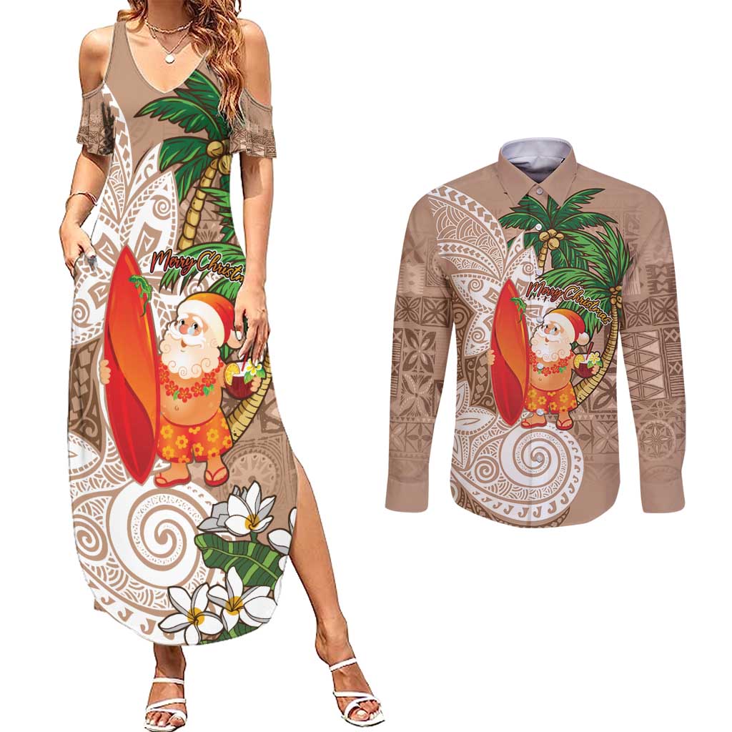 Polynesian Couples Matching Summer Maxi Dress and Long Sleeve Button Shirt Tropical Santa - Plumeria Beige Vintage LT7 Beige - Polynesian Pride
