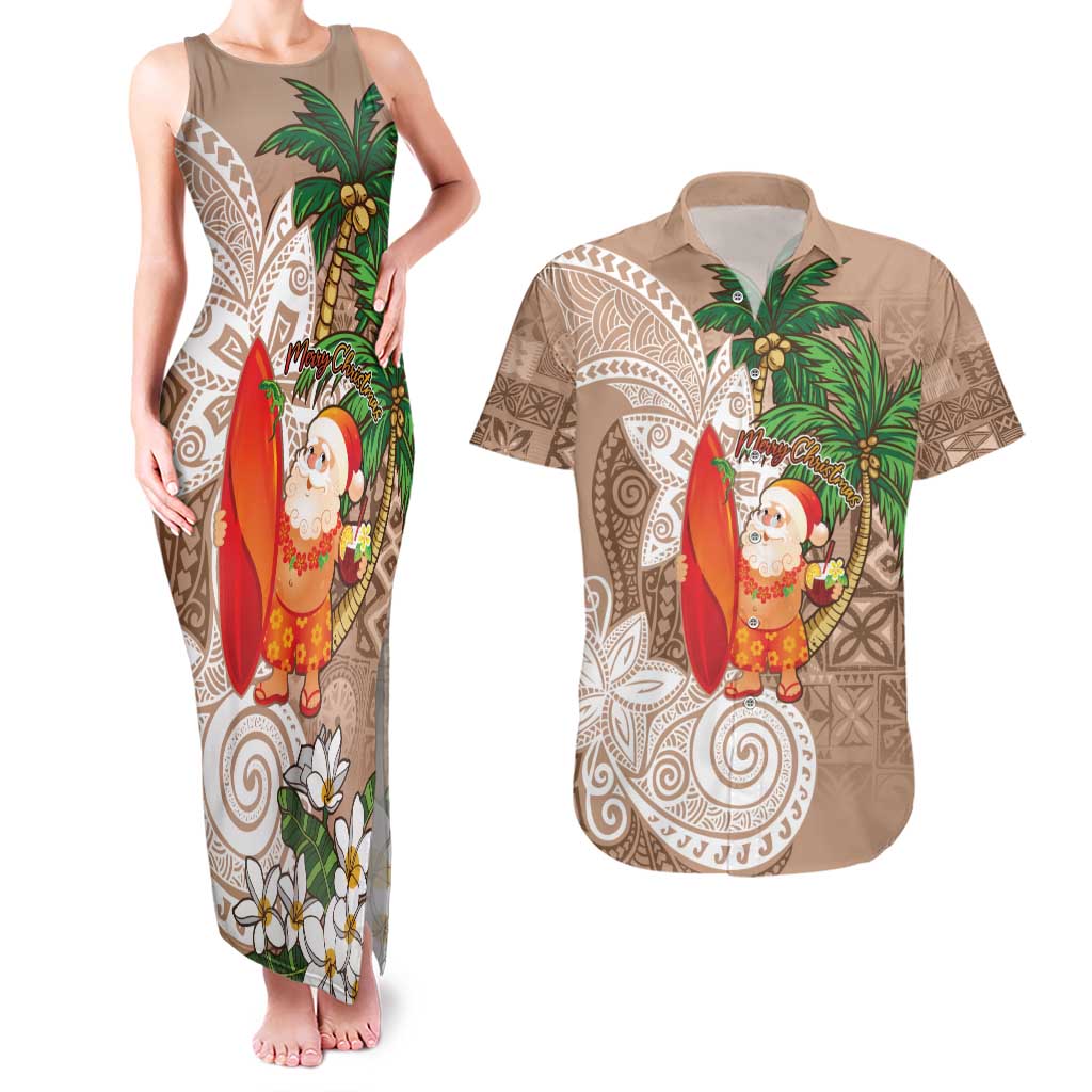 Polynesian Couples Matching Tank Maxi Dress and Hawaiian Shirt Tropical Santa - Plumeria Beige Vintage LT7 Beige - Polynesian Pride
