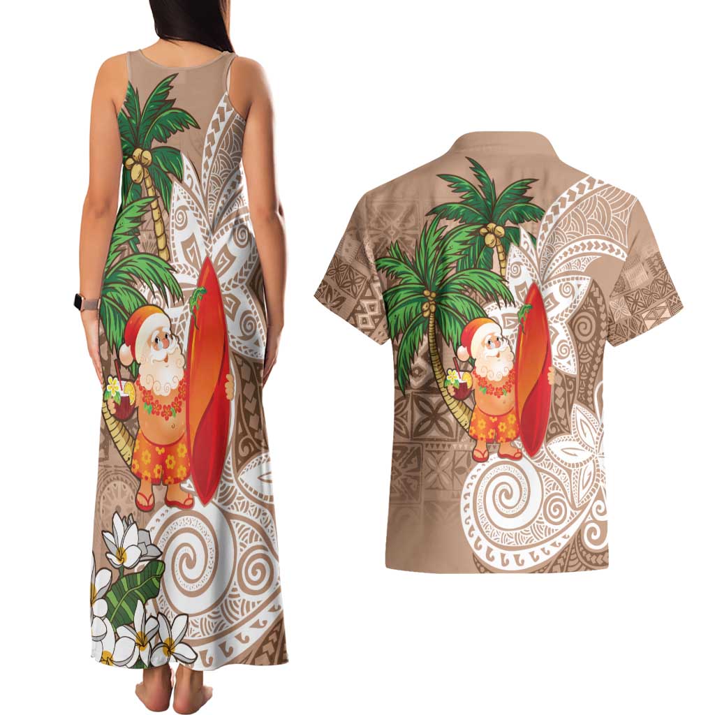 Polynesian Couples Matching Tank Maxi Dress and Hawaiian Shirt Tropical Santa - Plumeria Beige Vintage LT7 - Polynesian Pride