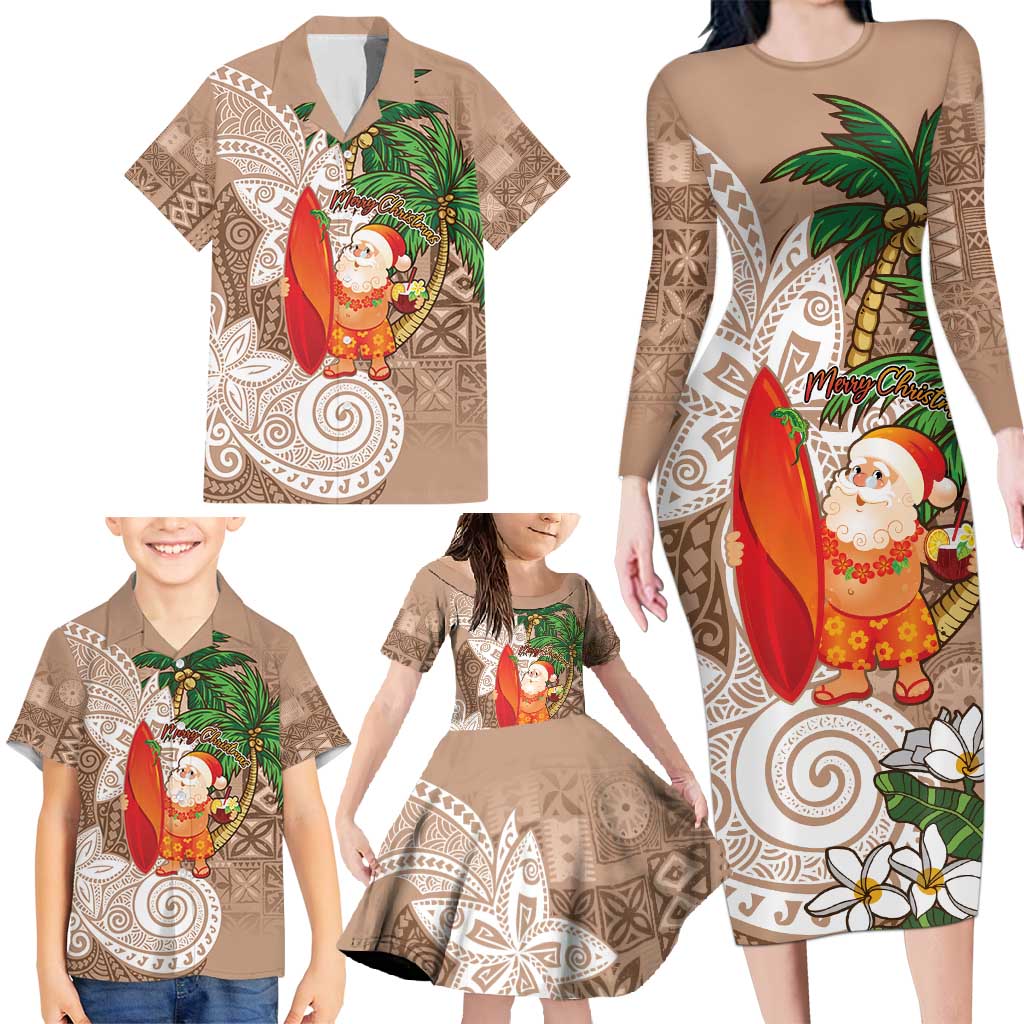 Polynesian Family Matching Long Sleeve Bodycon Dress and Hawaiian Shirt Tropical Santa - Plumeria Beige Vintage LT7 - Polynesian Pride