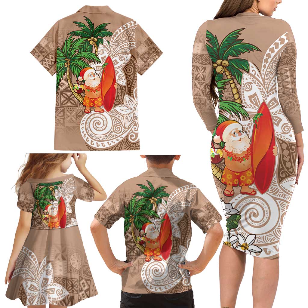 Polynesian Family Matching Long Sleeve Bodycon Dress and Hawaiian Shirt Tropical Santa - Plumeria Beige Vintage LT7 - Polynesian Pride