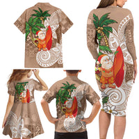 Polynesian Family Matching Long Sleeve Bodycon Dress and Hawaiian Shirt Tropical Santa - Plumeria Beige Vintage LT7 - Polynesian Pride