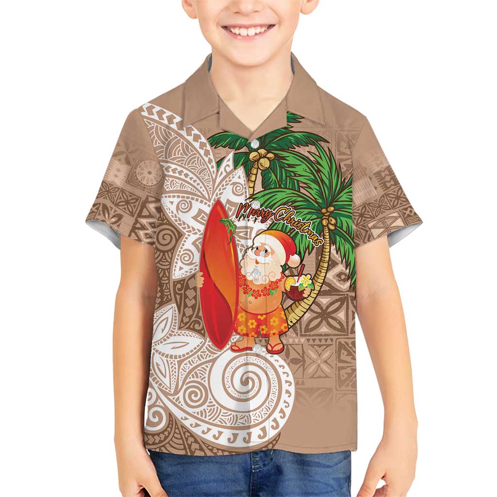 Polynesian Family Matching Long Sleeve Bodycon Dress and Hawaiian Shirt Tropical Santa - Plumeria Beige Vintage LT7 Son's Shirt Beige - Polynesian Pride